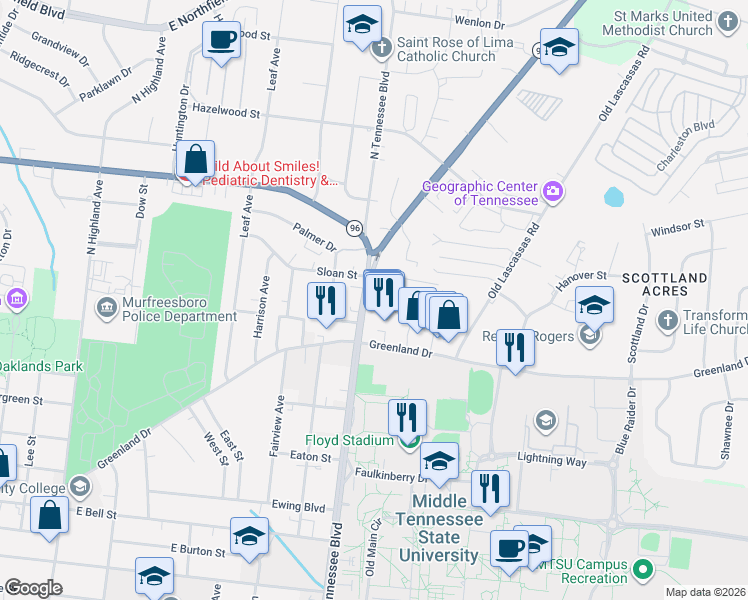 map of restaurants, bars, coffee shops, grocery stores, and more near 2850 Middle Tennessee Boulevard in Murfreesboro