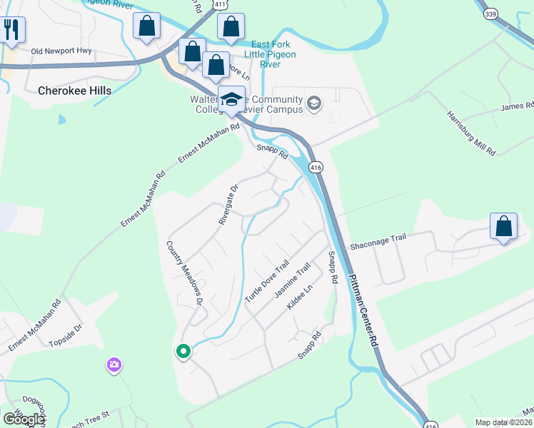 map of restaurants, bars, coffee shops, grocery stores, and more near 1738 Meadow Ridge Circle in Sevierville