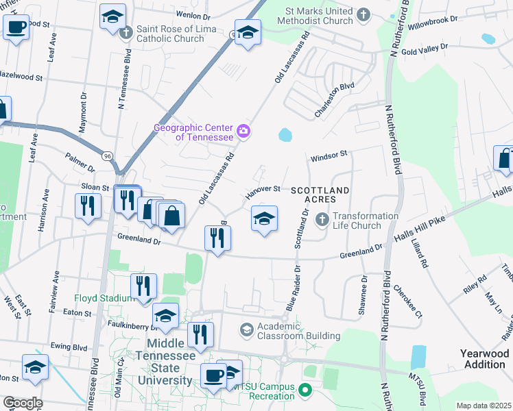 map of restaurants, bars, coffee shops, grocery stores, and more near 1738 Hanover Street in Murfreesboro