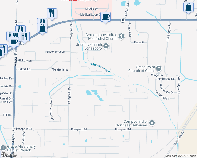 map of restaurants, bars, coffee shops, grocery stores, and more near 4712 Ocean Drive in Jonesboro