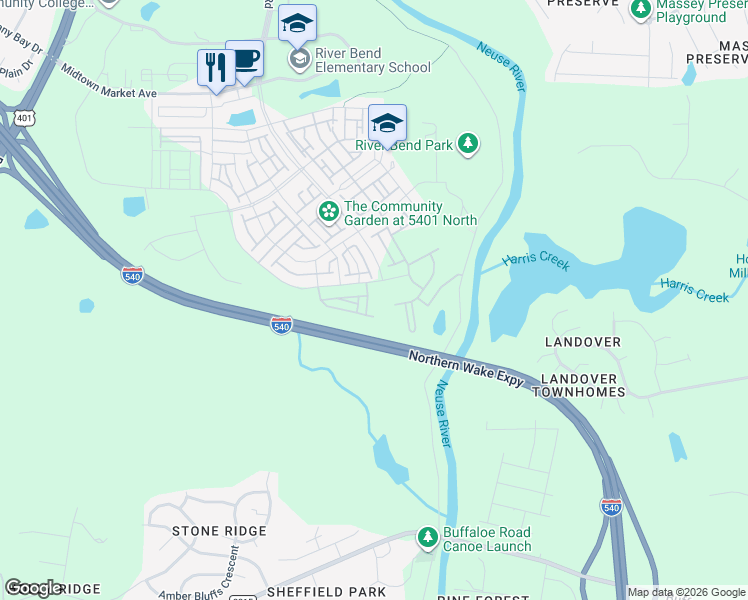 map of restaurants, bars, coffee shops, grocery stores, and more near Northern Wake Expressway in Raleigh