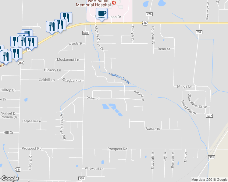 map of restaurants, bars, coffee shops, grocery stores, and more near 1505 Hemingway Circle in Jonesboro