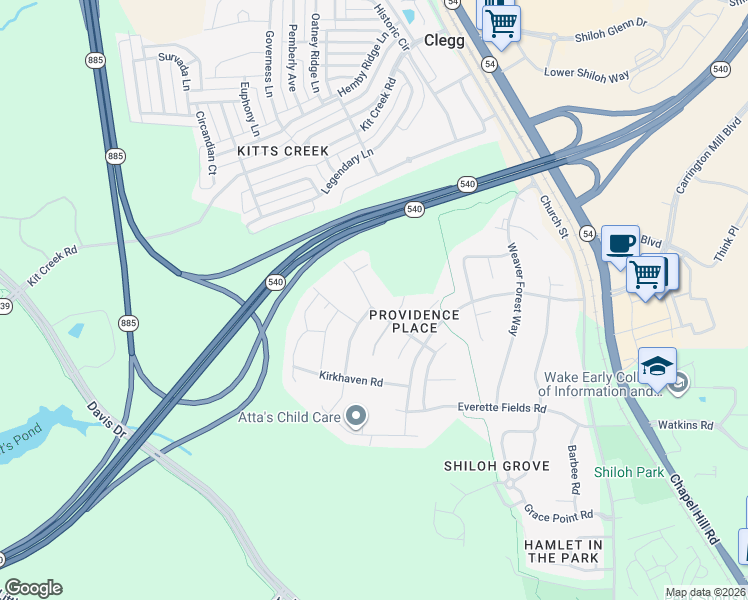 map of restaurants, bars, coffee shops, grocery stores, and more near 2916 Homebrook Lane in Morrisville