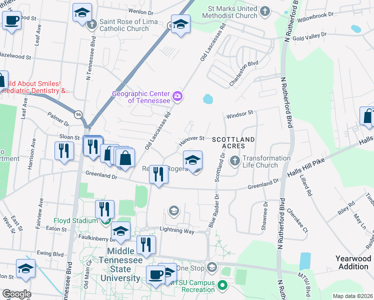 map of restaurants, bars, coffee shops, grocery stores, and more near 1738 Hanover Street in Murfreesboro
