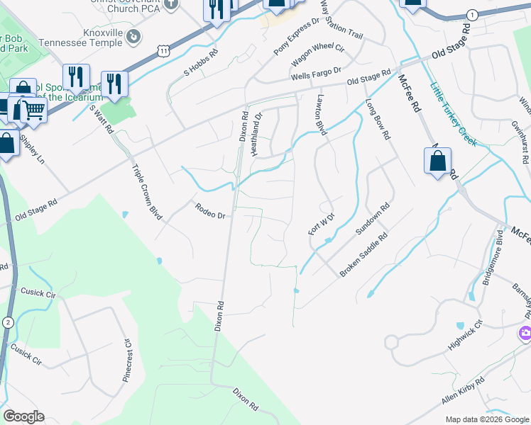 map of restaurants, bars, coffee shops, grocery stores, and more near 12920 Pine Meadows Lane in Knoxville