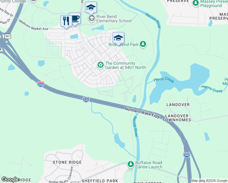 map of restaurants, bars, coffee shops, grocery stores, and more near Northern Wake Expressway in Raleigh