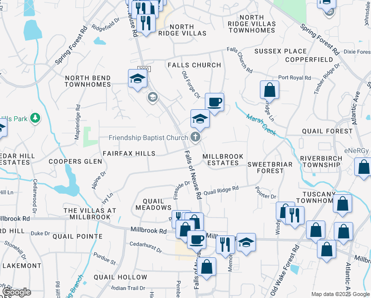 map of restaurants, bars, coffee shops, grocery stores, and more near 1404 Fairfax Drive in Raleigh