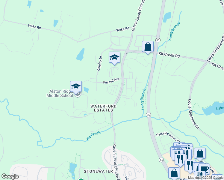 map of restaurants, bars, coffee shops, grocery stores, and more near 11427 Green Level Church Road in Cary