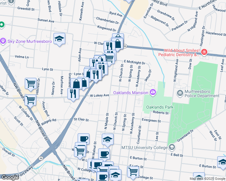 map of restaurants, bars, coffee shops, grocery stores, and more near 850 North Maple Street in Murfreesboro
