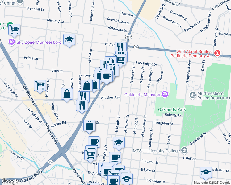 map of restaurants, bars, coffee shops, grocery stores, and more near 214 West Lokey Avenue in Murfreesboro