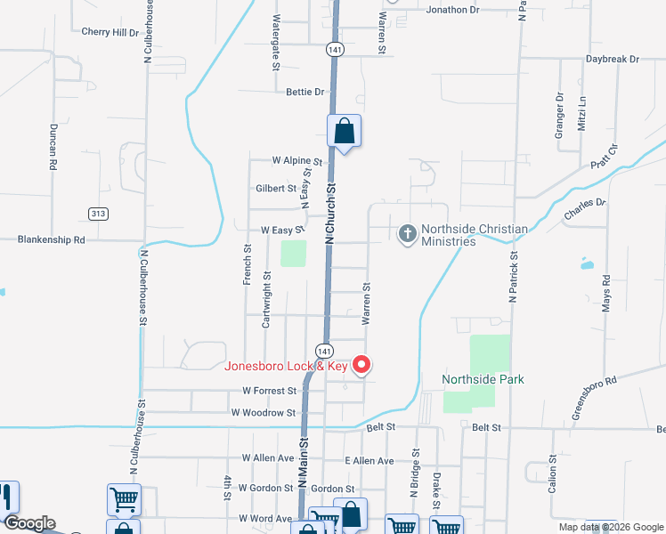 map of restaurants, bars, coffee shops, grocery stores, and more near 1215 North Church Street in Jonesboro