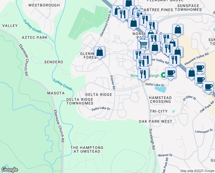 map of restaurants, bars, coffee shops, grocery stores, and more near 5715 Corbon Crest Lane in Raleigh