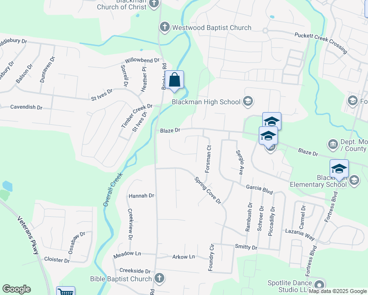 map of restaurants, bars, coffee shops, grocery stores, and more near 4837 Forsman Court in Murfreesboro