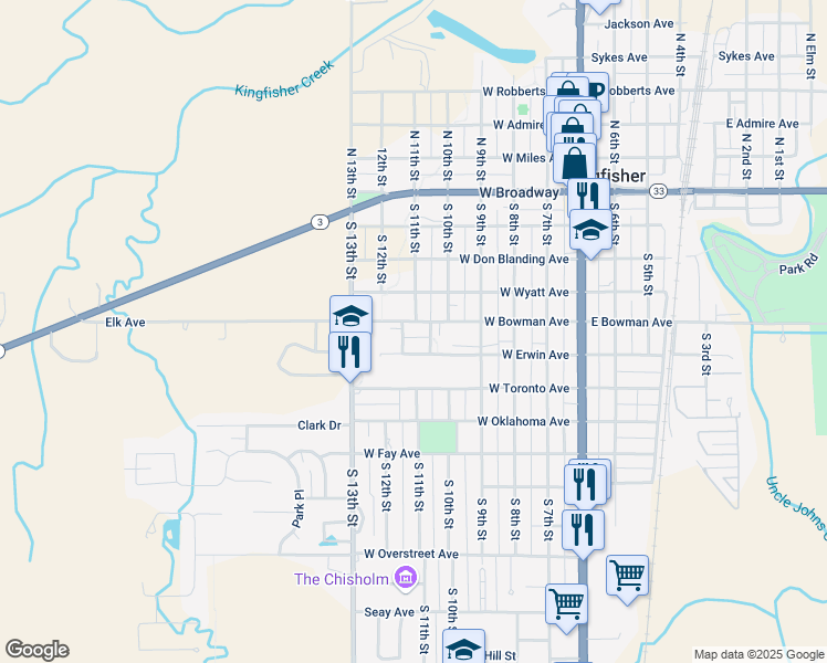 map of restaurants, bars, coffee shops, grocery stores, and more near 520 West Erwin Avenue in Kingfisher