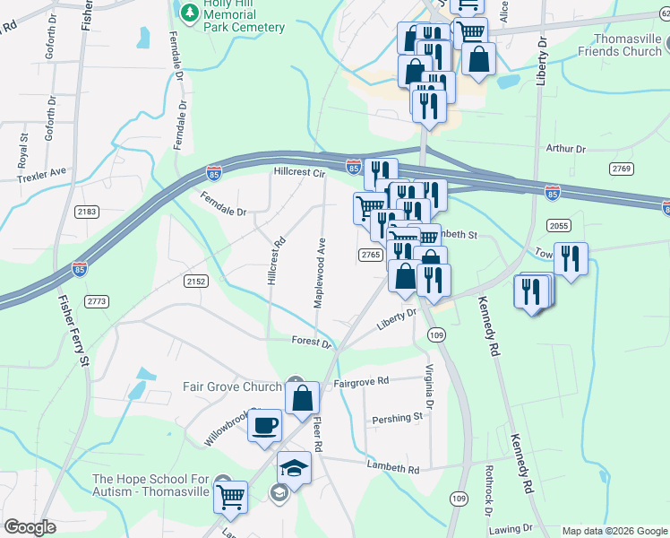 map of restaurants, bars, coffee shops, grocery stores, and more near 116 Maplewood Avenue in Thomasville