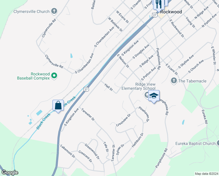 map of restaurants, bars, coffee shops, grocery stores, and more near 269 Hall Street in Rockwood