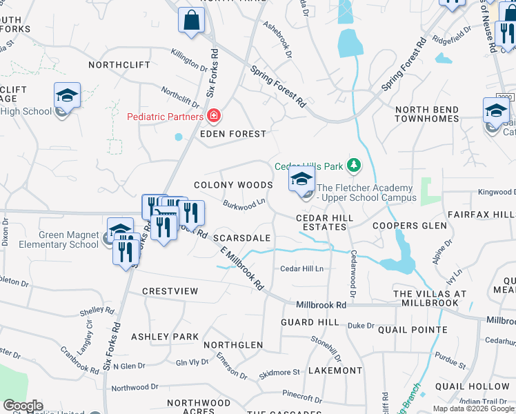 map of restaurants, bars, coffee shops, grocery stores, and more near 308 Burkwood Lane in Raleigh