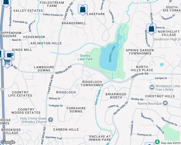 map of restaurants, bars, coffee shops, grocery stores, and more near 5704 3 Oaks Drive in Raleigh