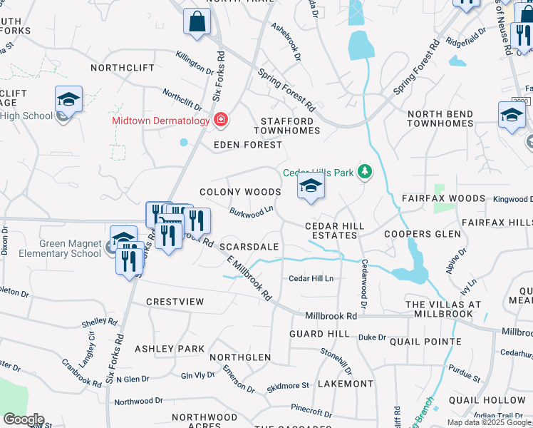 map of restaurants, bars, coffee shops, grocery stores, and more near 308 Burkwood Lane in Raleigh