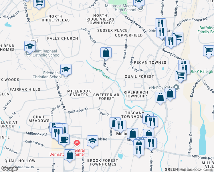 map of restaurants, bars, coffee shops, grocery stores, and more near 1729 Quail Ridge Road in Raleigh