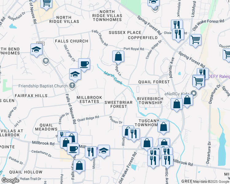 map of restaurants, bars, coffee shops, grocery stores, and more near 1729 Quail Ridge Road in Raleigh
