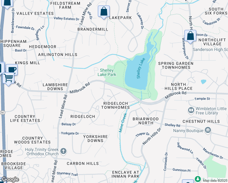 map of restaurants, bars, coffee shops, grocery stores, and more near 5704 3 Oaks Drive in Raleigh