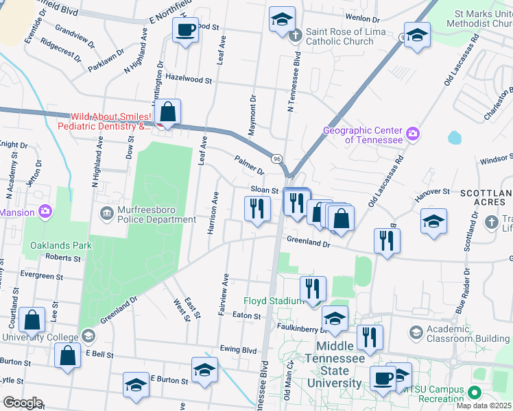 map of restaurants, bars, coffee shops, grocery stores, and more near 1207 Sloan Street in Murfreesboro