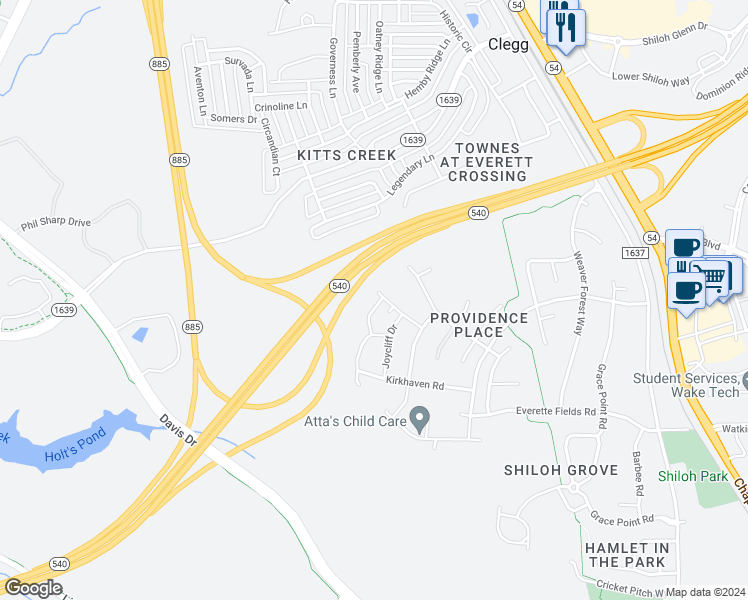 map of restaurants, bars, coffee shops, grocery stores, and more near 1004 Dawson Creek Road in Morrisville