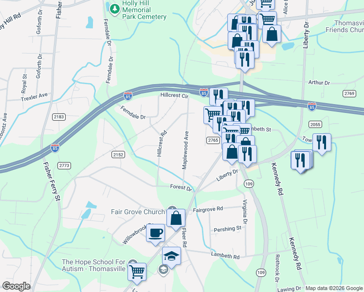 map of restaurants, bars, coffee shops, grocery stores, and more near 116 Maplewood Avenue in Thomasville