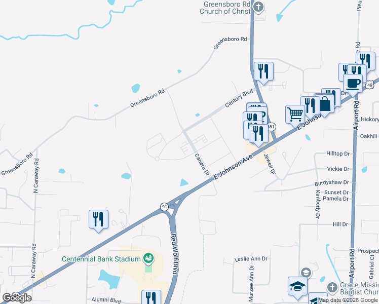 map of restaurants, bars, coffee shops, grocery stores, and more near 1001 Canera Drive in Jonesboro