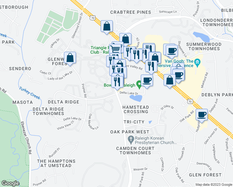 map of restaurants, bars, coffee shops, grocery stores, and more near 5611 Briar Oaks Lane in Raleigh
