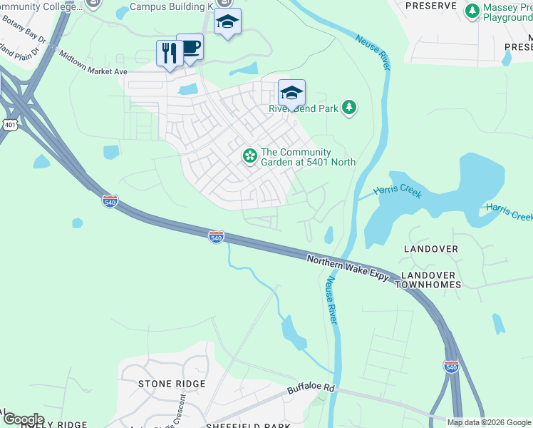 map of restaurants, bars, coffee shops, grocery stores, and more near Northern Wake Expressway in Raleigh