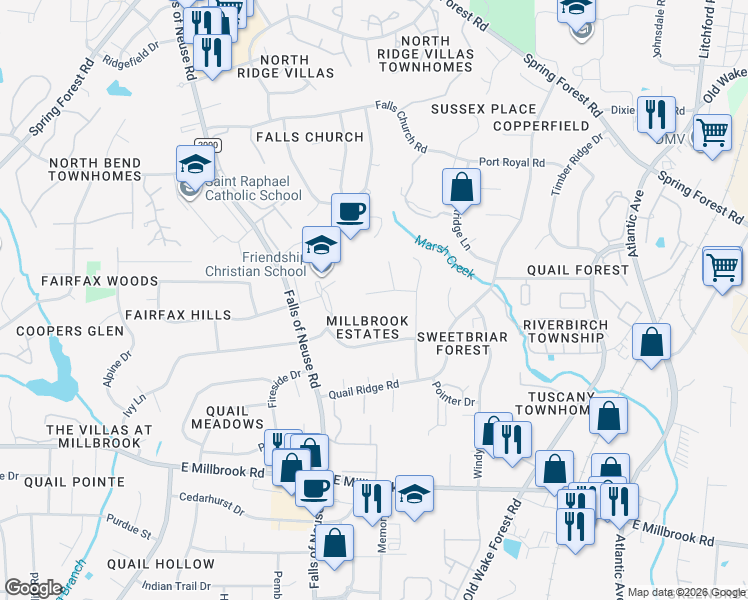 map of restaurants, bars, coffee shops, grocery stores, and more near 5304 Birch Place in Raleigh