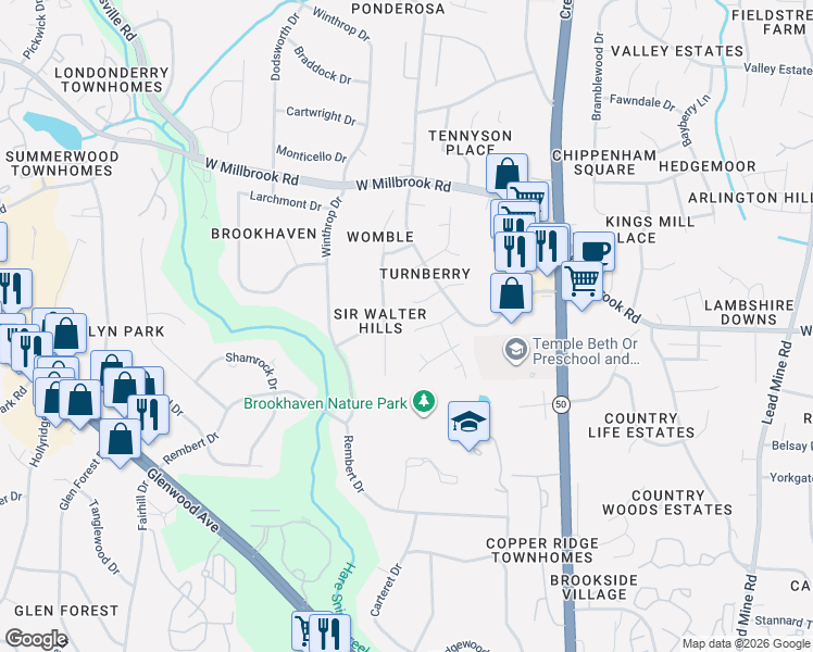 map of restaurants, bars, coffee shops, grocery stores, and more near 5612 Calton Drive in Raleigh