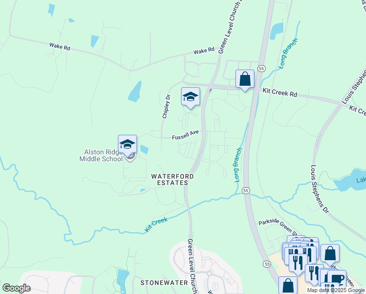 map of restaurants, bars, coffee shops, grocery stores, and more near 11427 Green Level Church Road in Cary