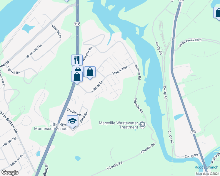map of restaurants, bars, coffee shops, grocery stores, and more near 823 Red Hill Drive in Louisville