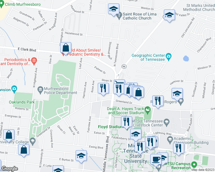 map of restaurants, bars, coffee shops, grocery stores, and more near 1207 Sloan Street in Murfreesboro