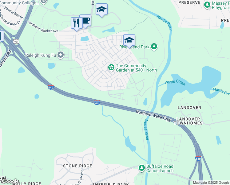 map of restaurants, bars, coffee shops, grocery stores, and more near 5001 Crescent Square Street in Raleigh
