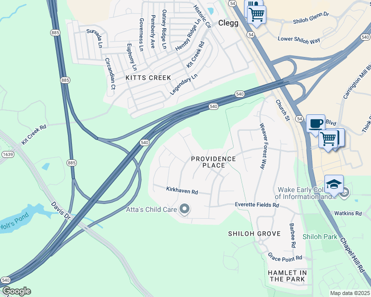 map of restaurants, bars, coffee shops, grocery stores, and more near 2225 Mayo Forest Lane in Morrisville