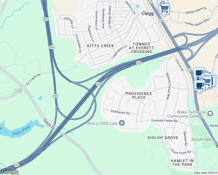 map of restaurants, bars, coffee shops, grocery stores, and more near 1000 Dawson Creek Road in Morrisville