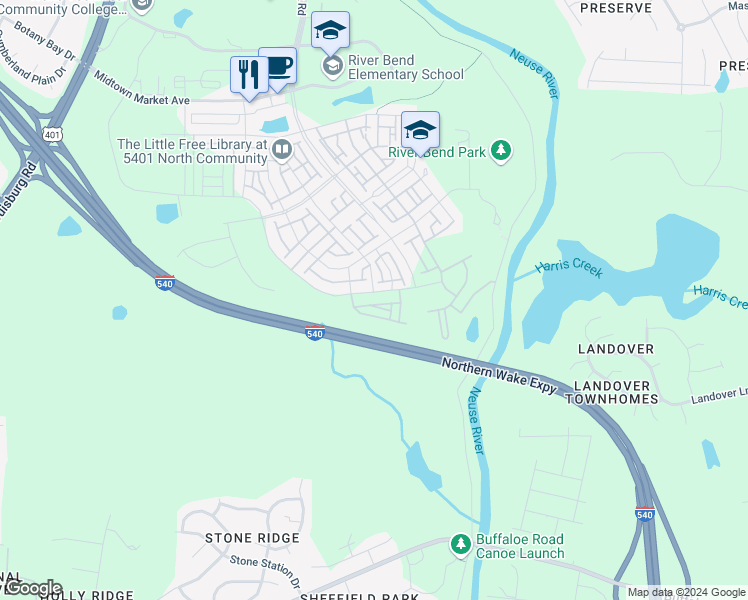 map of restaurants, bars, coffee shops, grocery stores, and more near 5001 Crescent Square Street in Raleigh