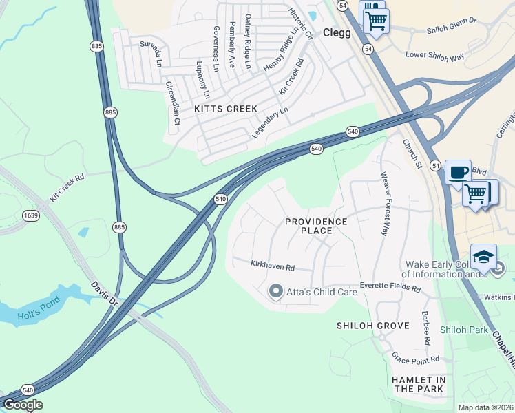map of restaurants, bars, coffee shops, grocery stores, and more near 104 Joycliff Drive in Morrisville