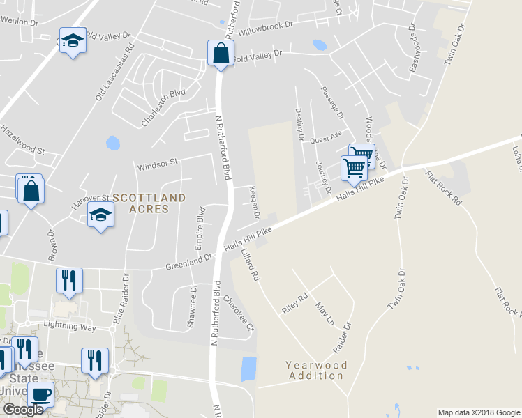 map of restaurants, bars, coffee shops, grocery stores, and more near 2407 Keegan Drive in Murfreesboro