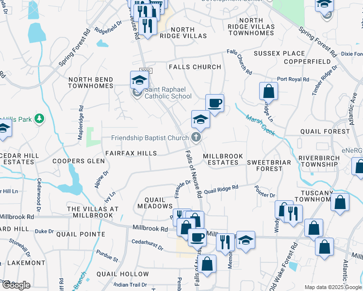 map of restaurants, bars, coffee shops, grocery stores, and more near 1409 Fairfax Drive in Raleigh