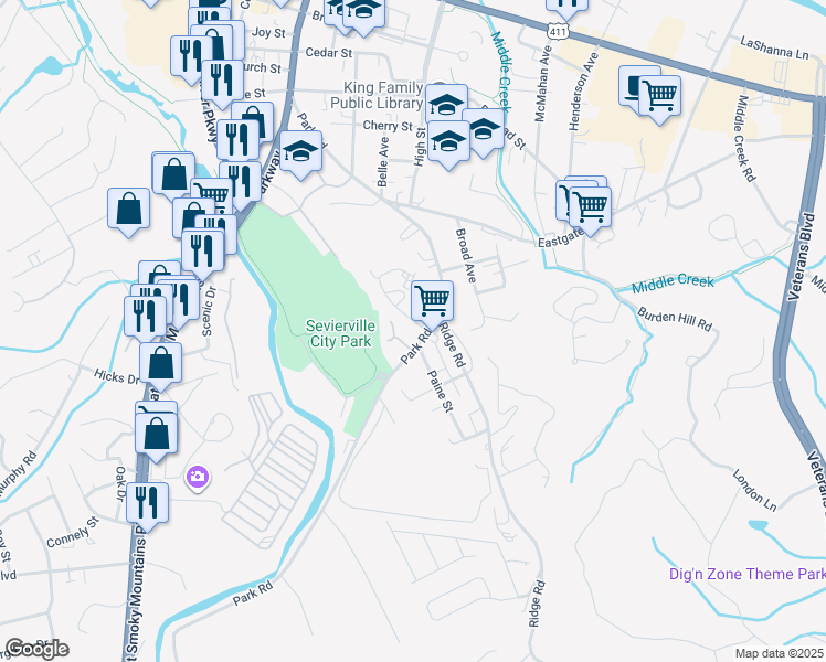 map of restaurants, bars, coffee shops, grocery stores, and more near 120 West Paine Street in Sevierville