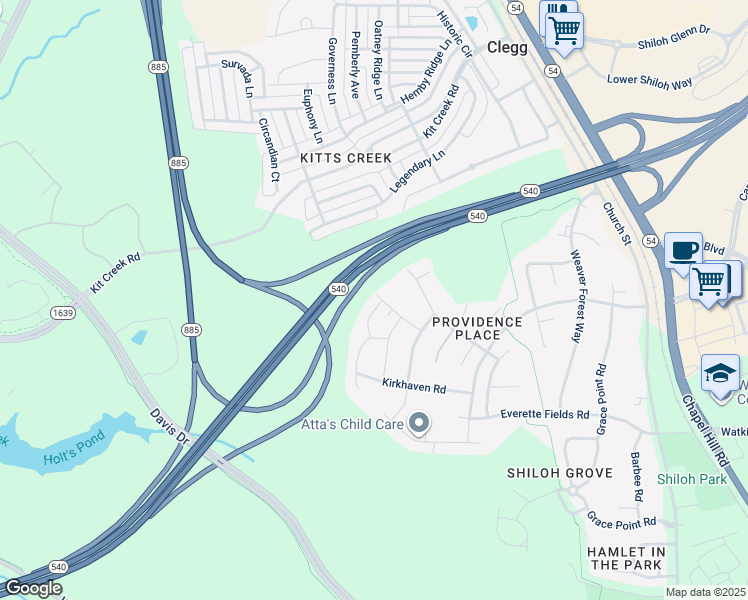 map of restaurants, bars, coffee shops, grocery stores, and more near 1000 Dawson Creek Road in Morrisville