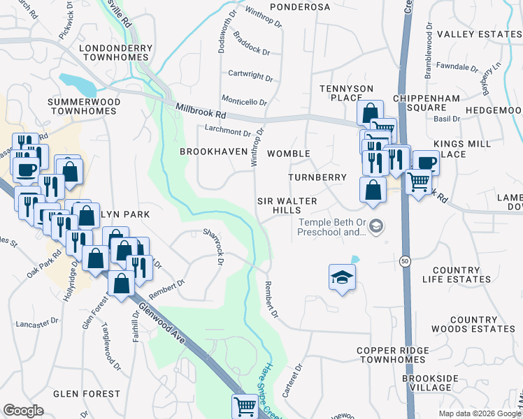 map of restaurants, bars, coffee shops, grocery stores, and more near 5700 Winthrop Drive in Raleigh