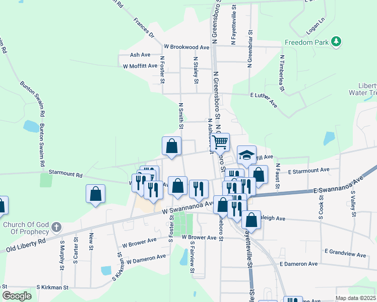 map of restaurants, bars, coffee shops, grocery stores, and more near 235 Pickett Circle in Liberty