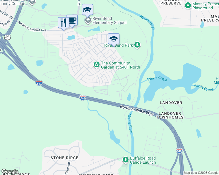 map of restaurants, bars, coffee shops, grocery stores, and more near Northern Wake Expressway in Raleigh