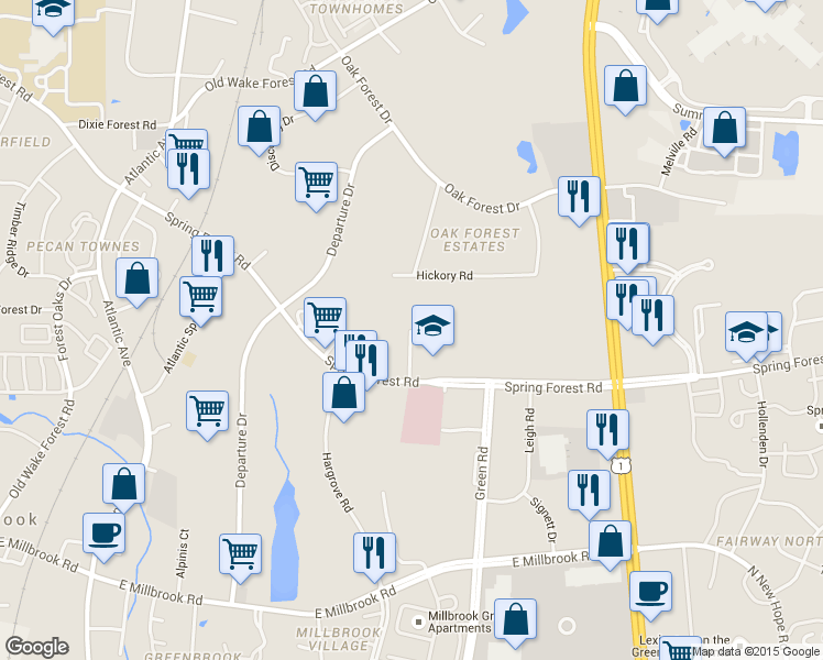 map of restaurants, bars, coffee shops, grocery stores, and more near Spring Court in Raleigh